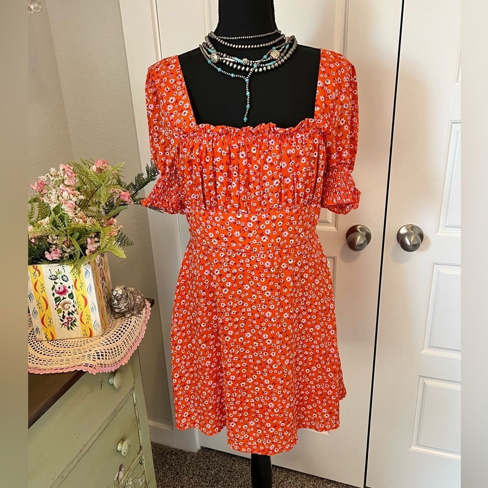 Trixxi Orange Pink White Ditsy Floral Peasant Milkmaid Mini Dress Sz L Trendy